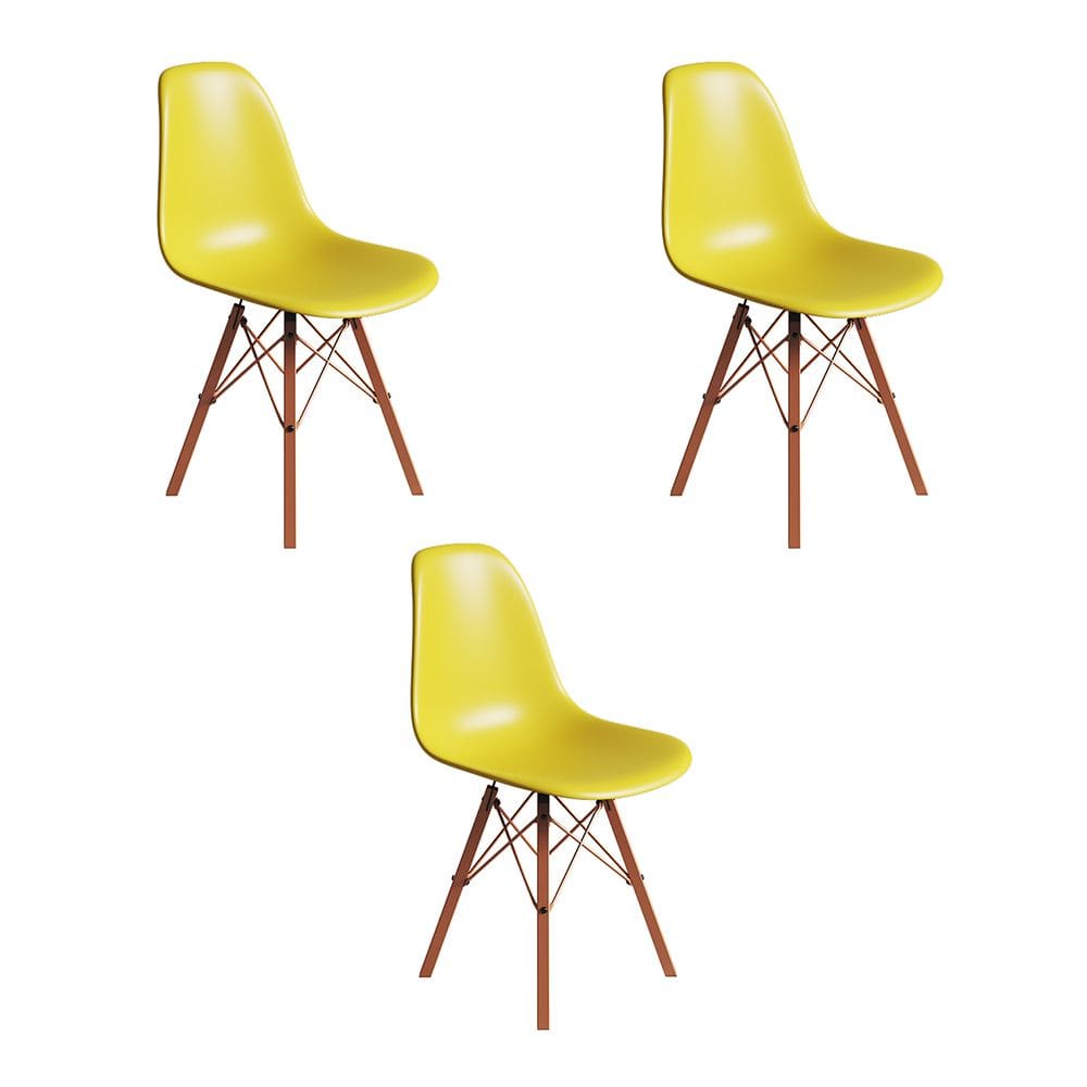 Conjunto 3 Cadeiras Eames Estilo Moderno em Ferro Cobre com Assento Amarelo
