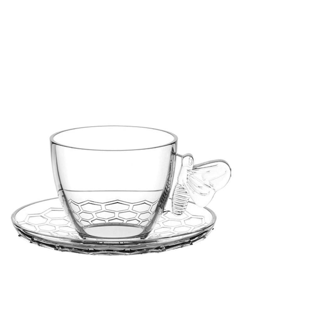 Jogo 2 Xícaras Vidro 80Ml Com Pires Café Abelha