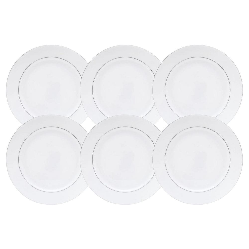 Jogo De Pratos Fundo Kit 6Pcs 21Cm Borda Prata Mônaco Branco