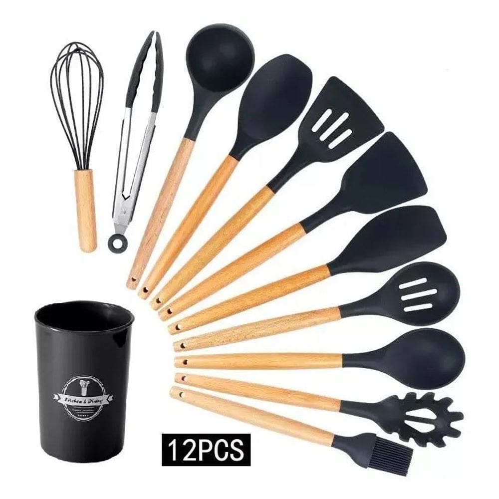 2X Kit 12 Utensílios De Cozinha Silicone Cabo Madeira Escuma
