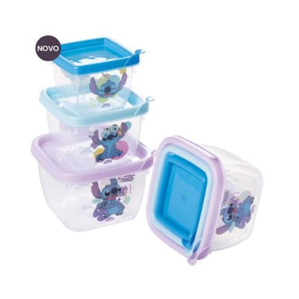 Conjunto 3 Potes De Plástico Conect Quadrado Stitch