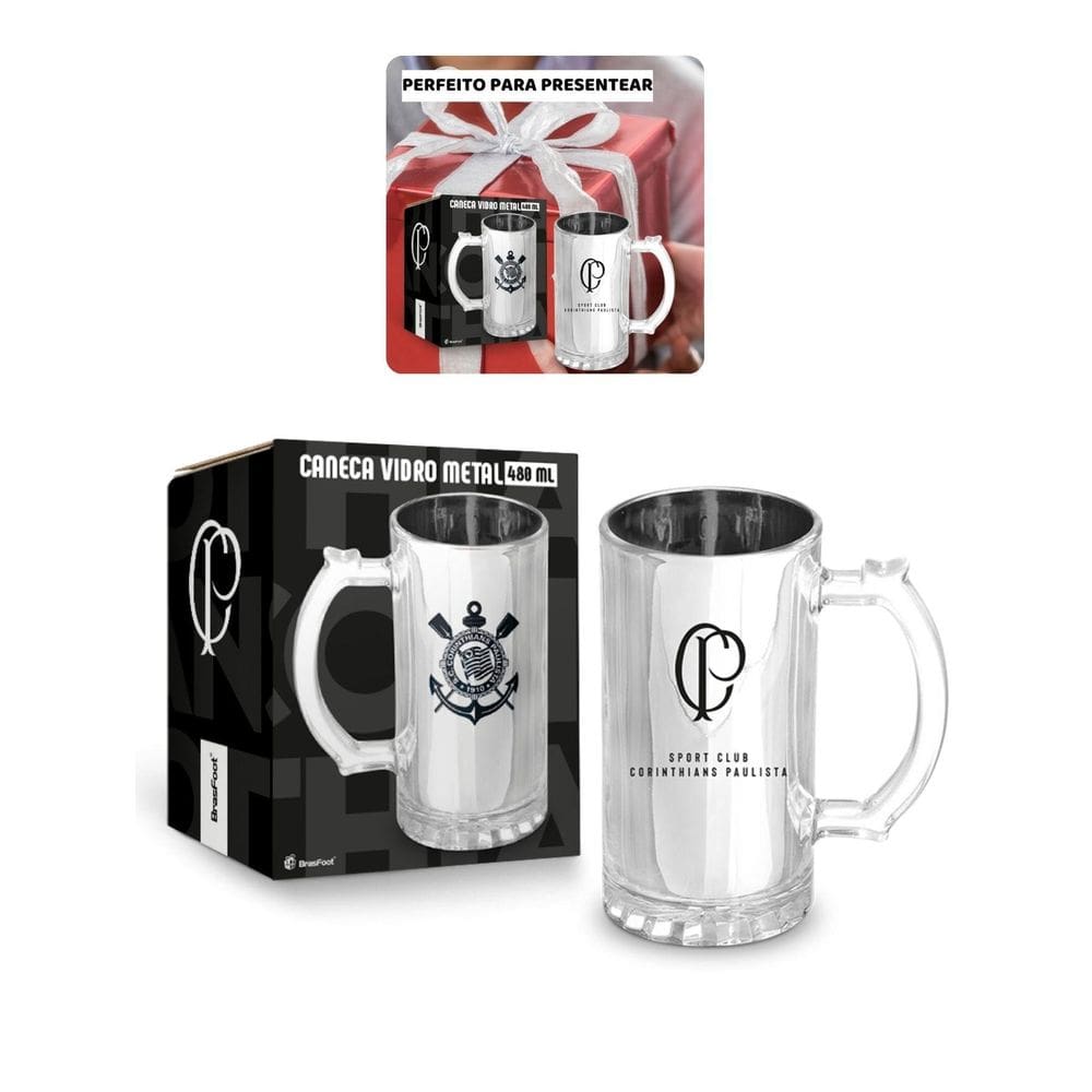 Caneca Vidro Reforçado Metalic 480M Time Corinthians Oficial