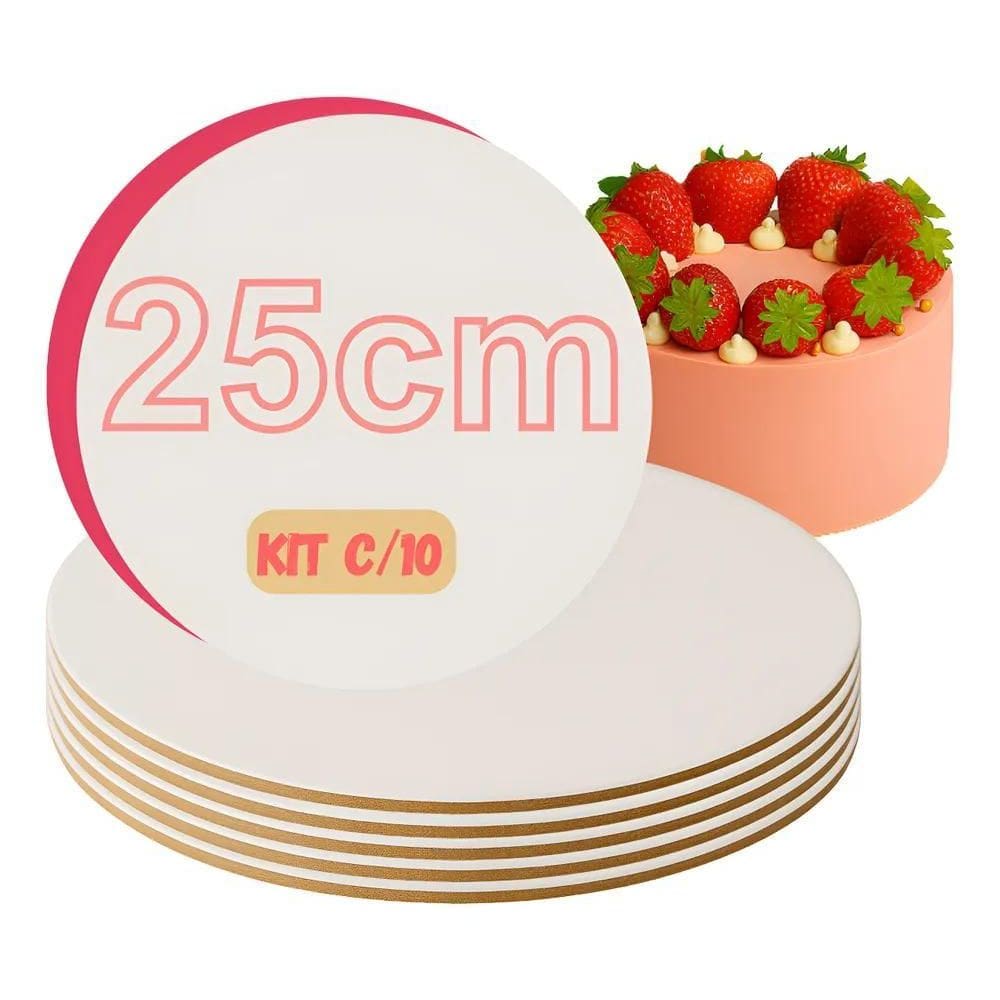 10X Cakeboard Bolo Mdf 3Mm Redondo 25Cm Branco  10 Unid .
