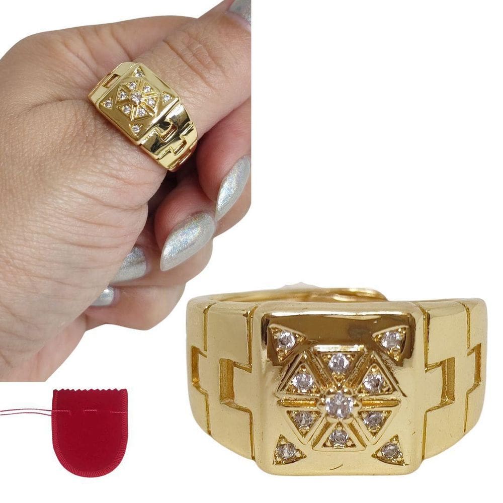 Anel Ajustável Banhado a Ouro com Zircônias - 12mm | 7,2g