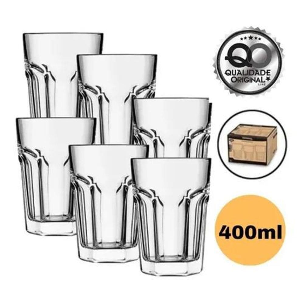 Jogo Kit 6 Copos Vidro Grosso 400Ml Água Suco Drink Premium