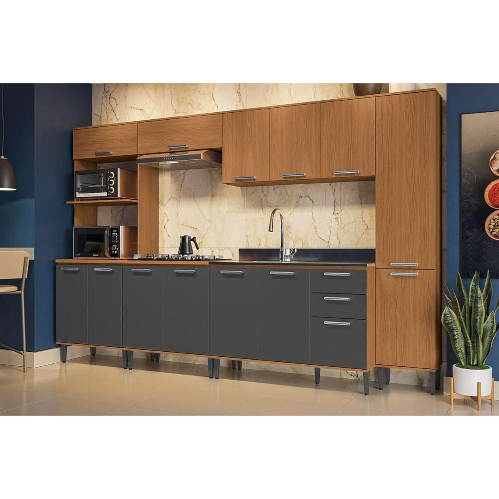 Cozinha Completa Linna 7 Peças (2Aéreos+2Balcões+1Paneleiro+1TorreQuente+1Complemento) C7P107 Canela/Grafite - Kappesberg