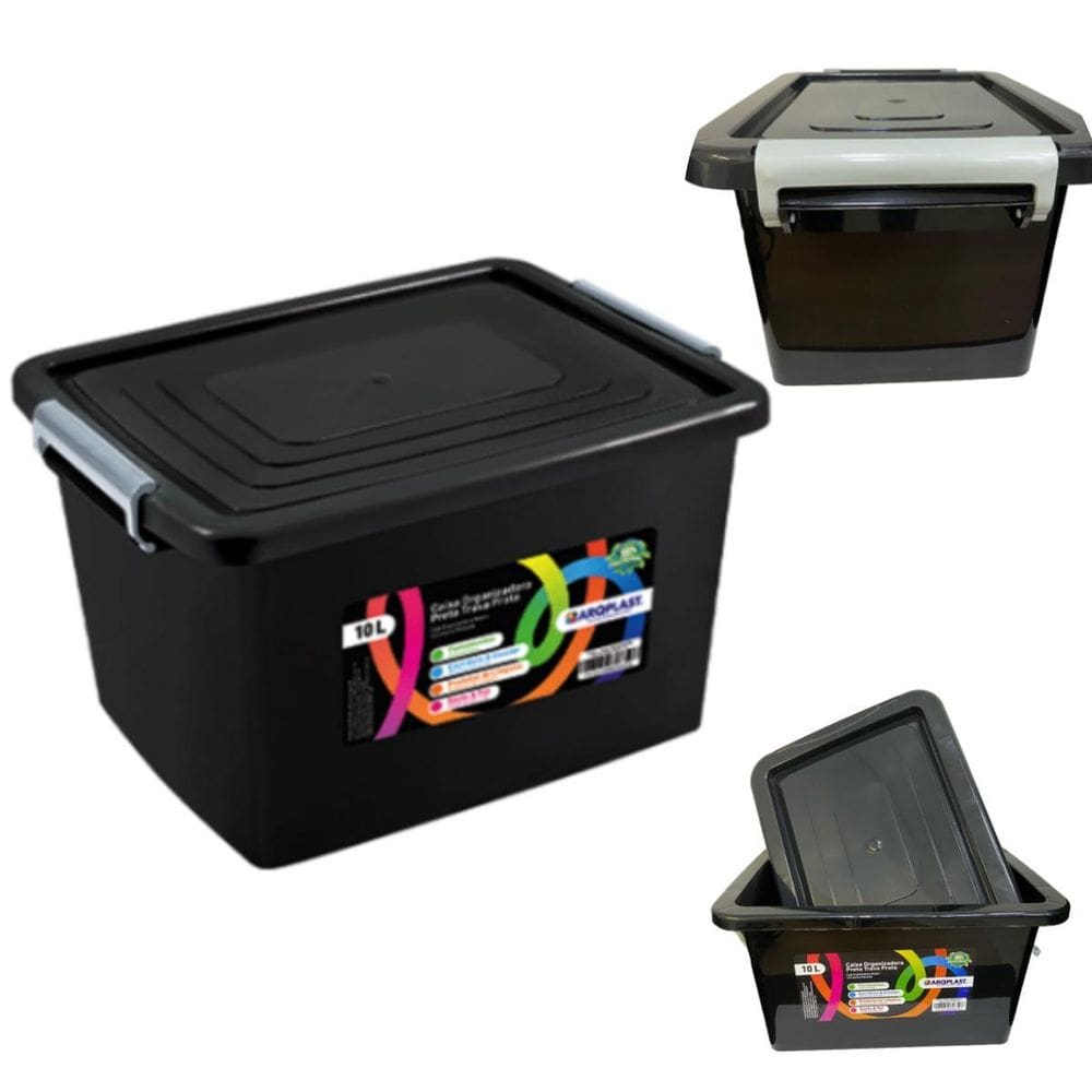 Caixa Organizadora Multiuso Preta Com Trava 10 Lts 19X36X26