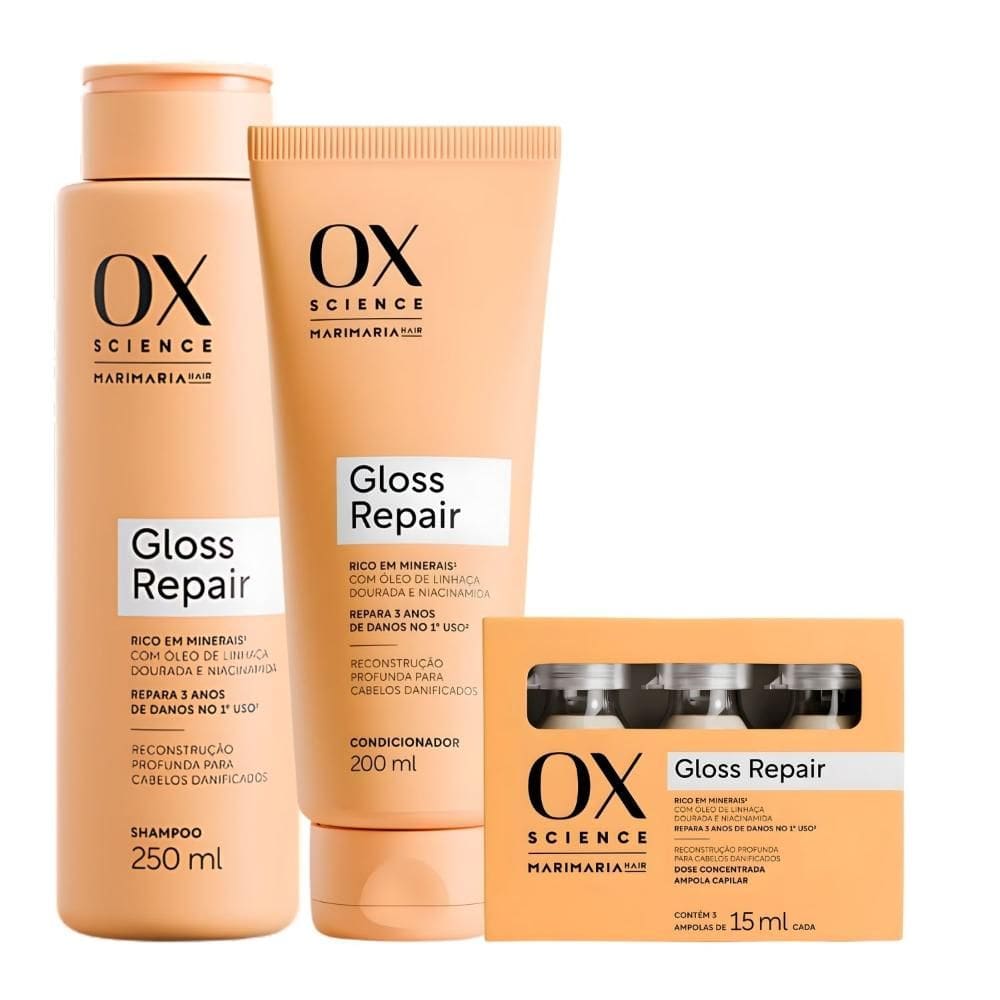 Kit Ox Science Mari Maria Hair Gloss Repair: Shampoo 250ml, Condicionador 200ml e 3 Doses Concentradas
