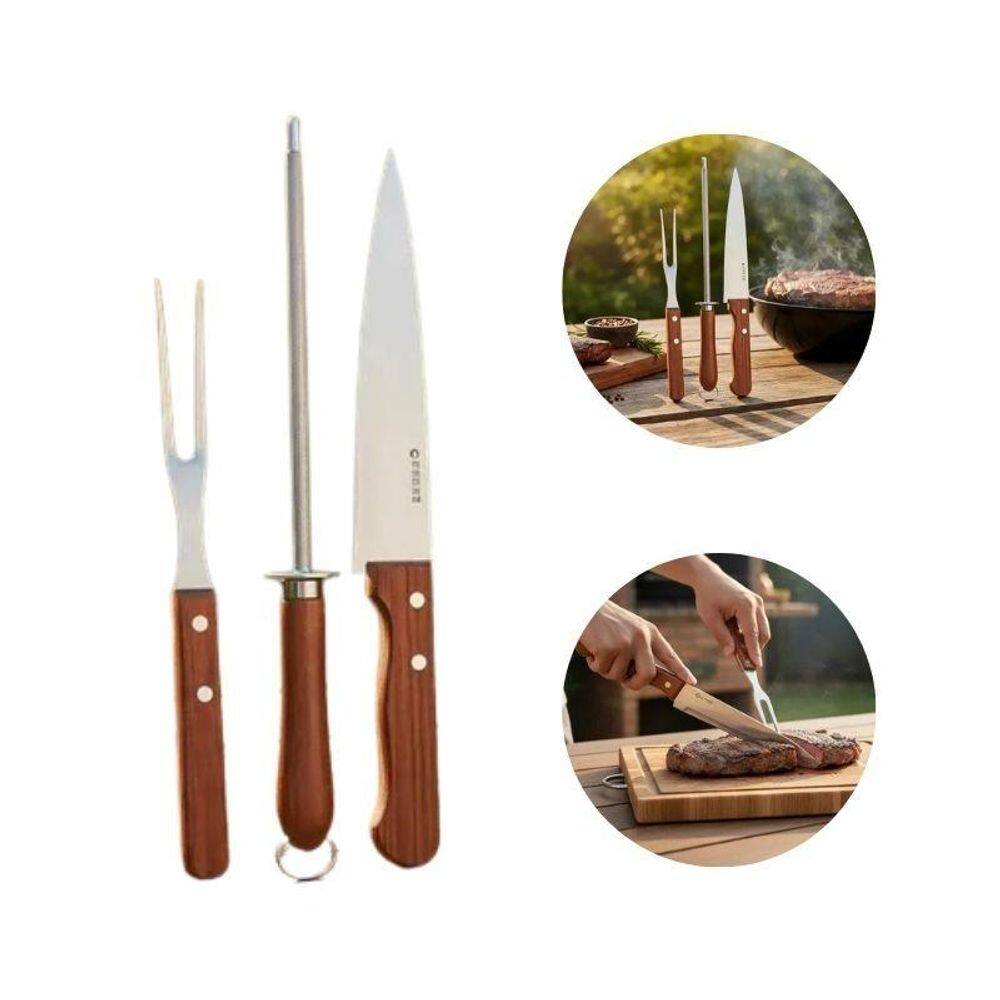 Kit 3 Peças Para Churrasco Açougue Faca Garfo Chaira Inox