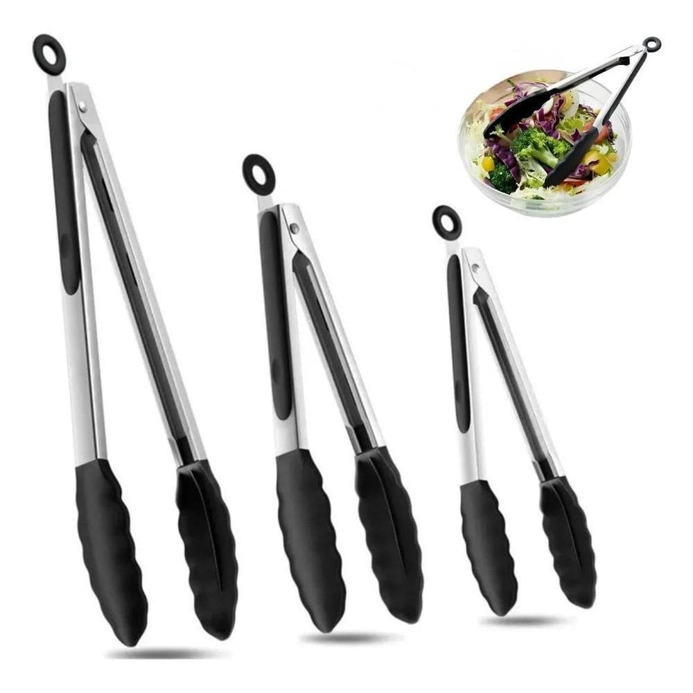 Kit 3 Pegador Pinças Silicone Inox Churrasco Salada Cozinha