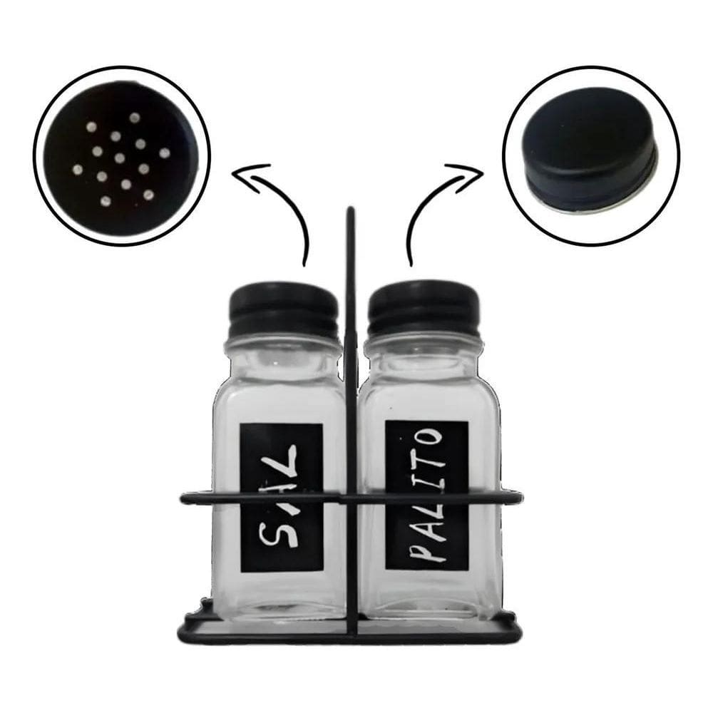 3X Porta Sal Saleiro E Porta Palito Paliteiro Vidro Metal E