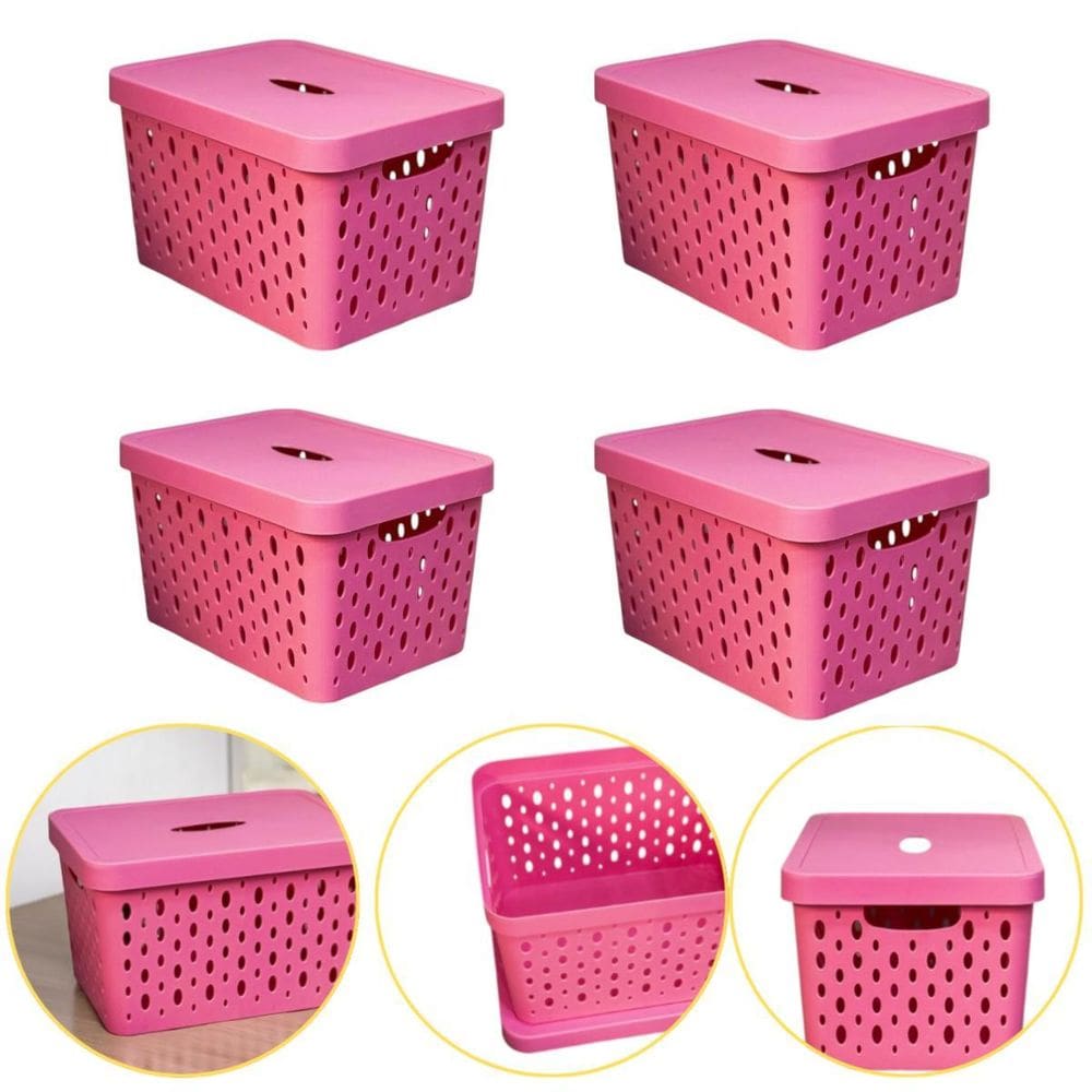 Kit 4 Caixa Cesto Organizador Multiuso Empilhável 17 L Rosa