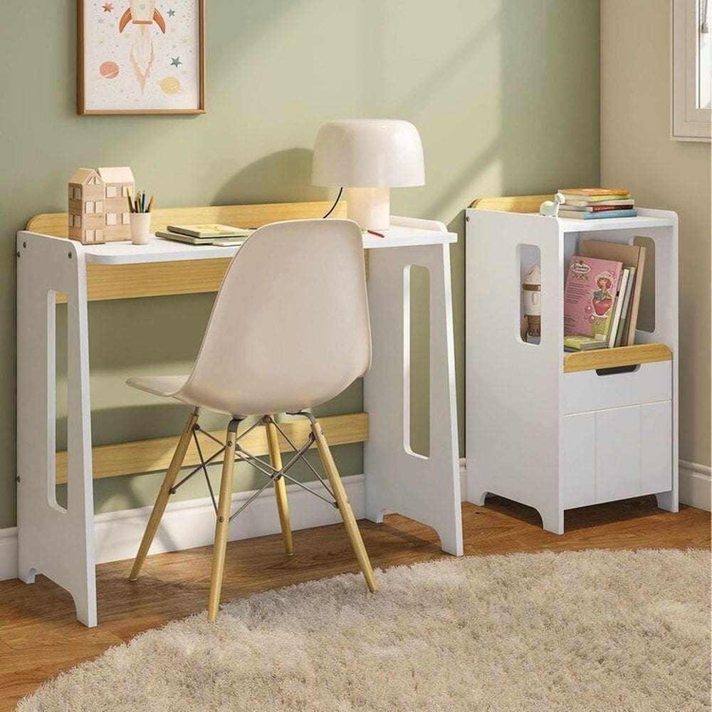 Escrivaninha e Estante Nicho com Portal Petit Casatema MadeiraOriginals Branco/Mel