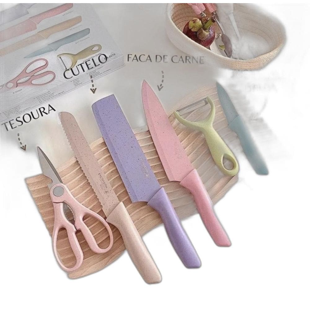 Super Kitchen Kit Jogo Facas Gourmet Coloridas 7 Pcs Chef