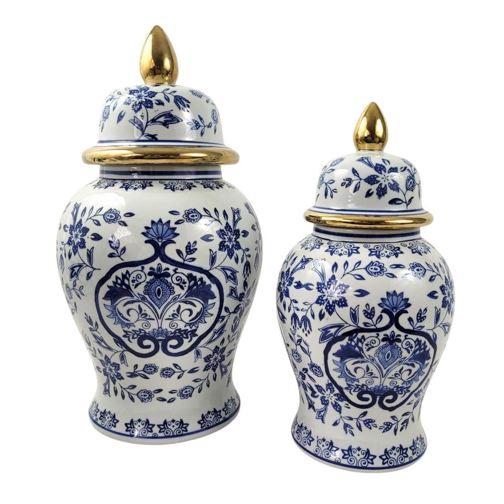 Kit 2 Pote Potiche Porcelana Azul E Branco Floral Luxo