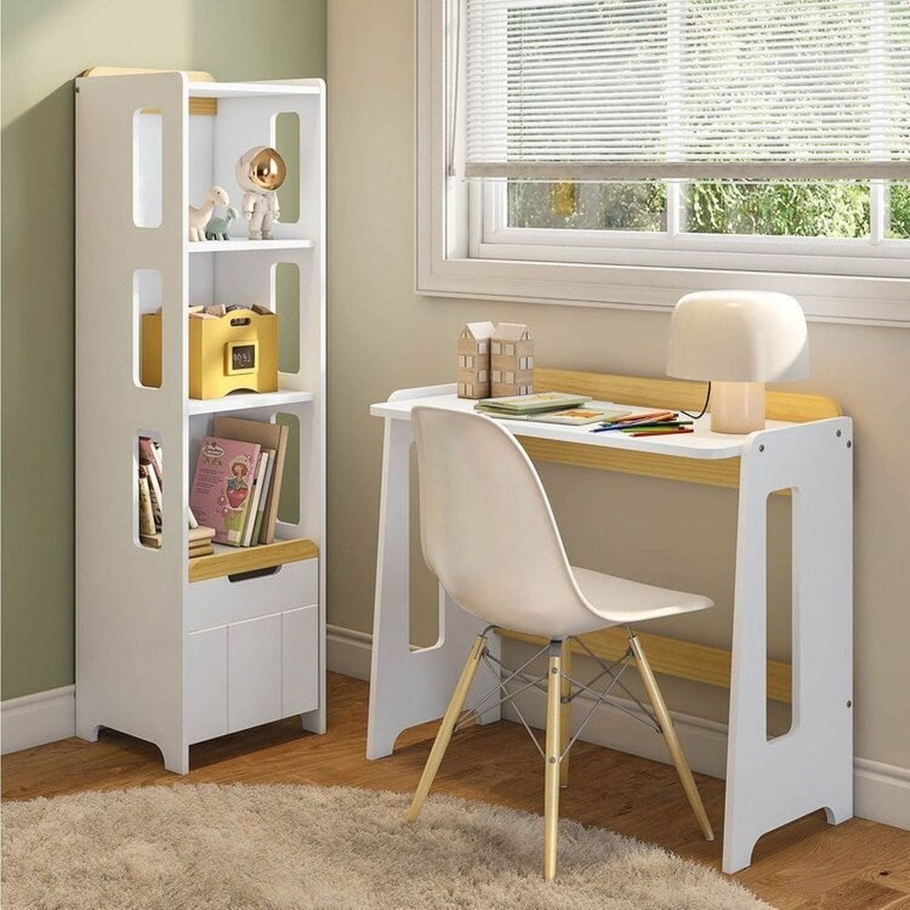 Escrivaninha e Estante 3 Nichos com Porta Petit Casatema MadeiraOriginals Branco/Mel