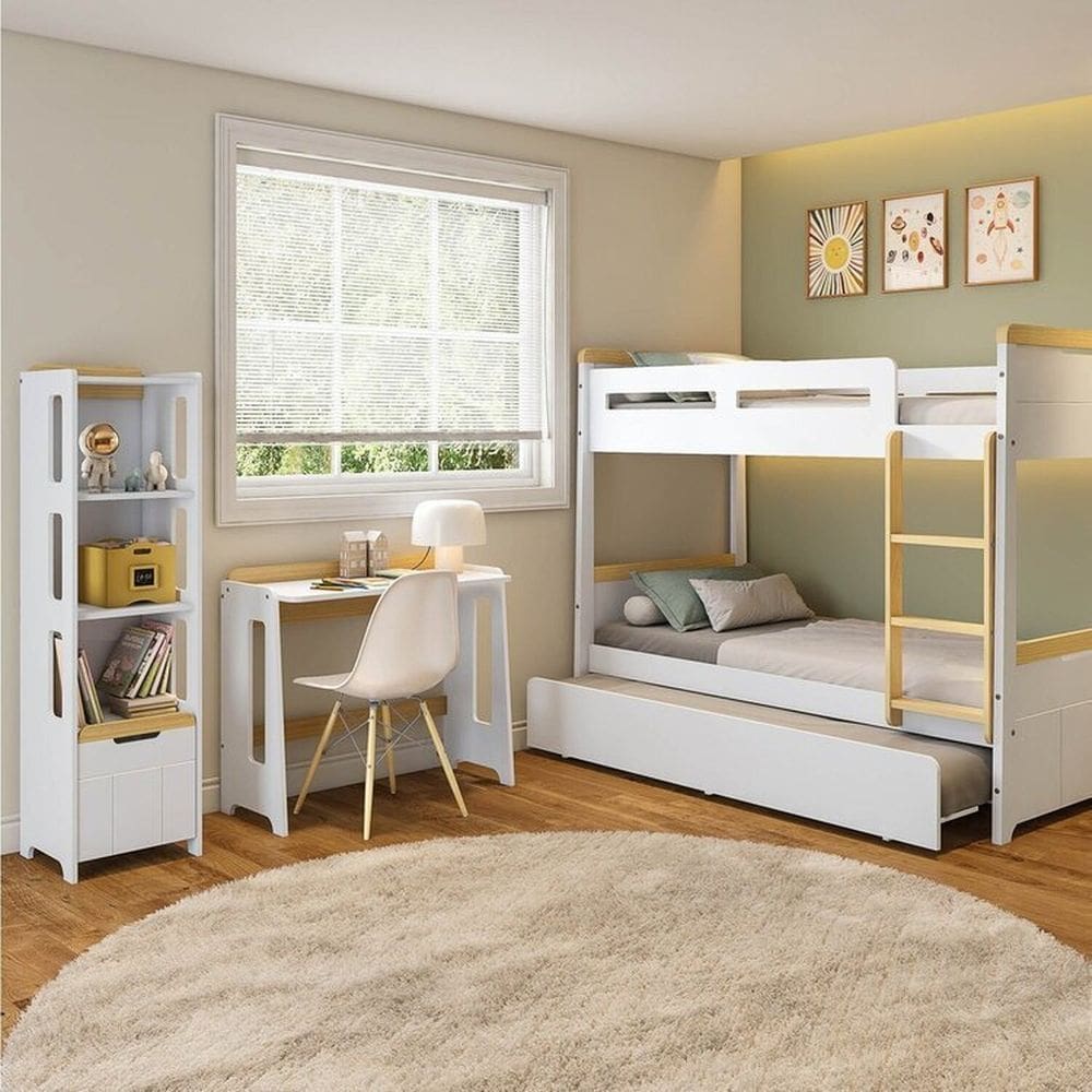 Conjunto Quarto Completo Treliche com LED, Escrivaninha e Estante Petit Casatema MadeiraOriginals Branco/Mel