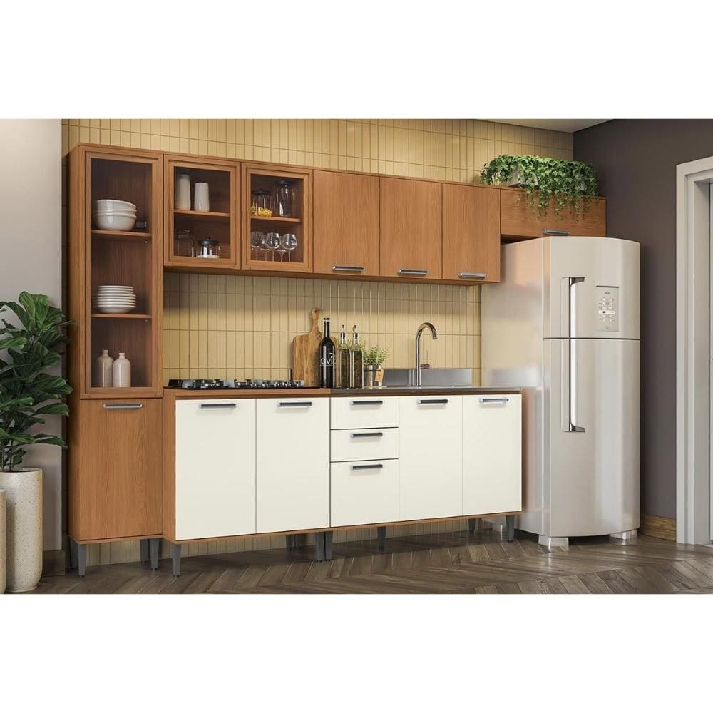 Cozinha Completa Linna 7 Peças (3Aéreos+2Balcões+1Paneleiro+1Complemento) C7P108 Canela/Off White - Kappesberg