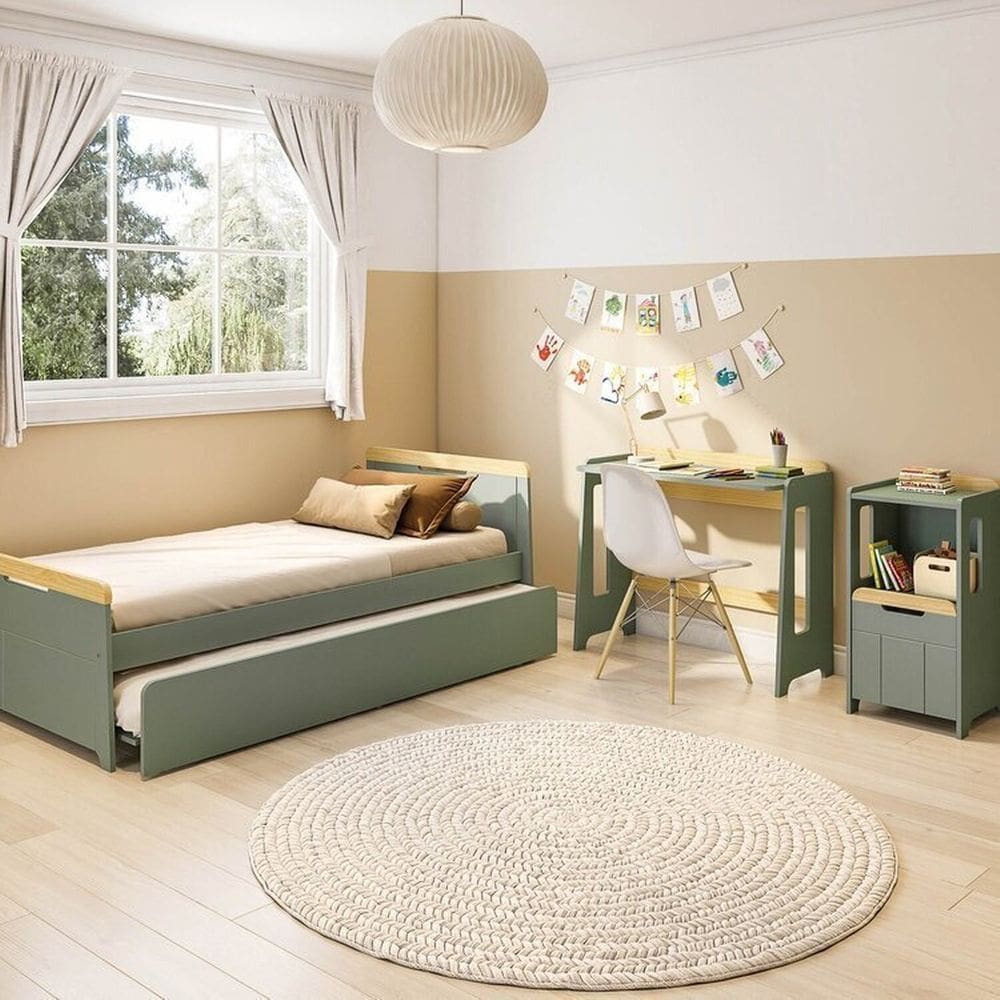 Conjunto Quarto Completo Bicama com LED, Escrivaninha e Estante Petit Casatema MadeiraOriginals Verde/Mel