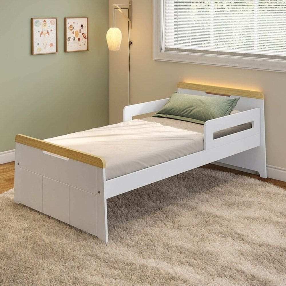 Cama Infantil com Led e Kit Grade de Proteção Petit Casatema Madeiraoriginals Branco/Mel