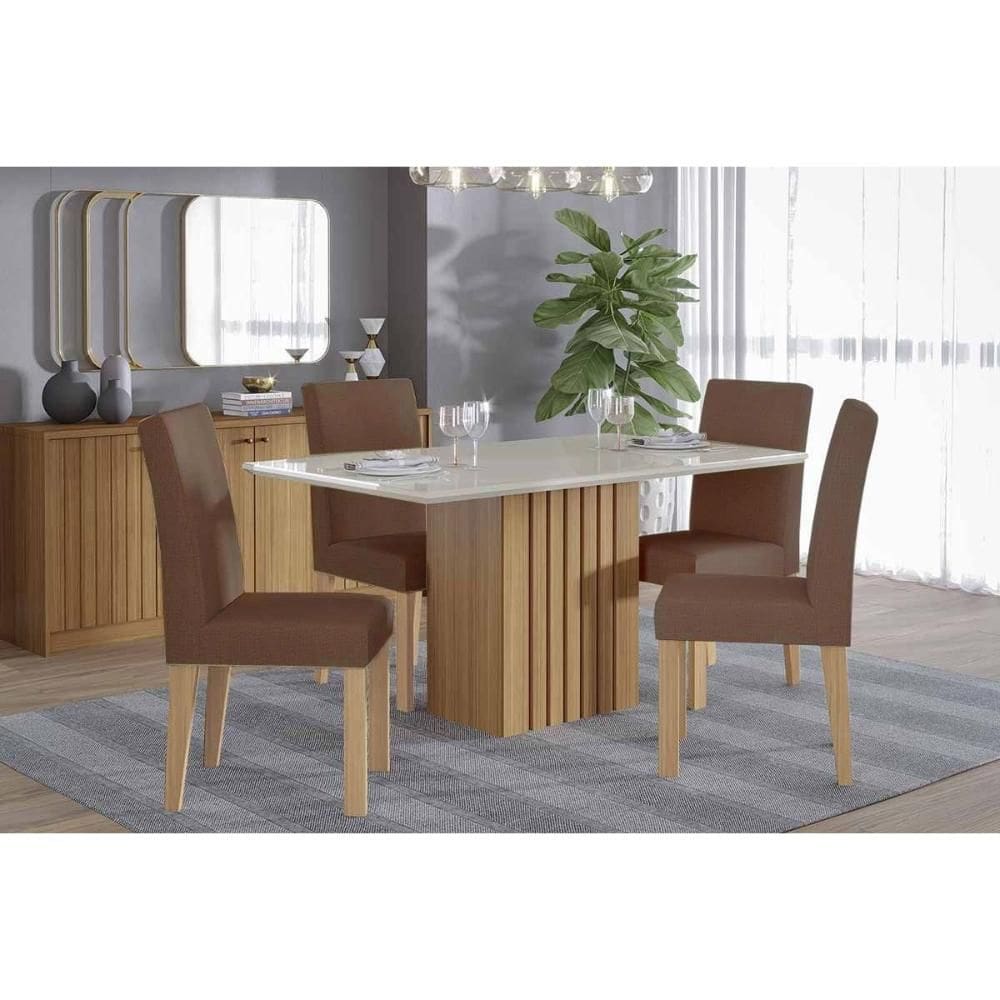 Sala de Jantar Completa Ana c/ Tampo Madeirado c/ Vidro 130x80cm+4 Cadeiras Maia Nature/Off White - Cinamomo/Suede Mascavo Chocolate - Cimol