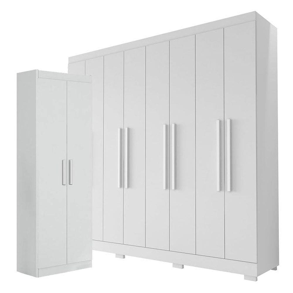 Guarda Roupa Casal Porto 8 Portas 4 Gavetas e Armário Multiuso 2 Portas 2000191 Branco Brilho - Aramóveis