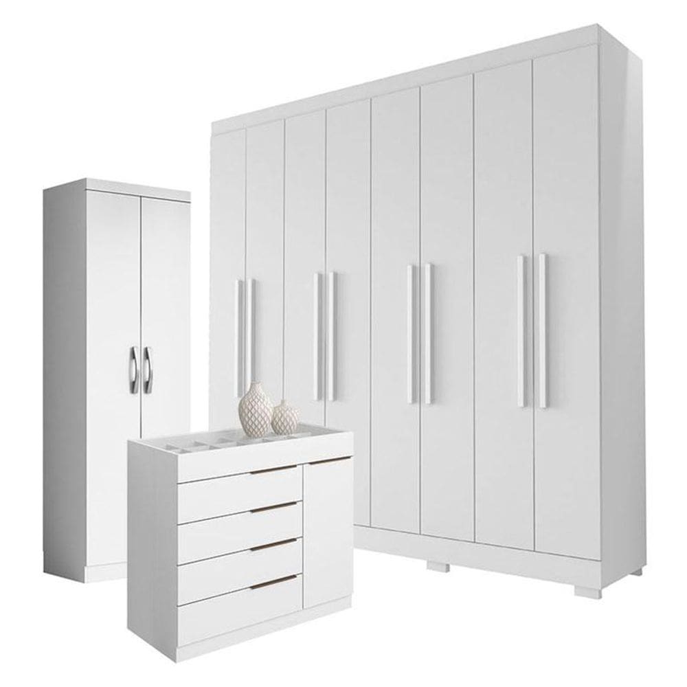 Guarda Roupa Casal Porto 8 Portas 4 Gavetas com Cômoda Sapateira Sevilha e Armário Multiuso 2 portas New Branco Brilho - Aramóveis