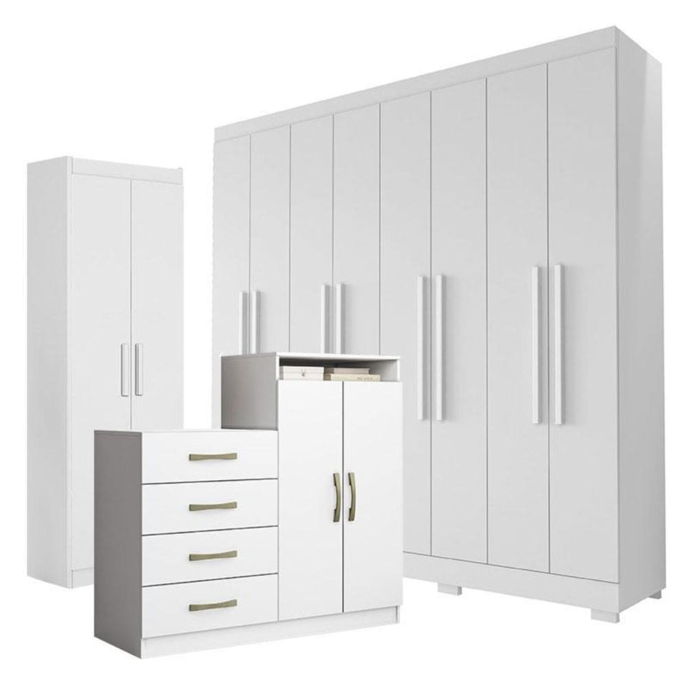 Guarda Roupa Casal Porto 8 Portas 4 Gavetas com Cômoda Sapateira Londres e Armário Multiuso 2 Portas 2000191 Branco Brilho - Aramóveis