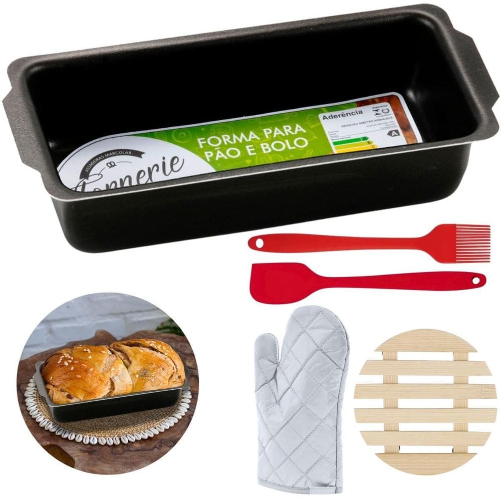 Forma De Pão 2L + Luva + Pincel + Espátula + Descanso Panela