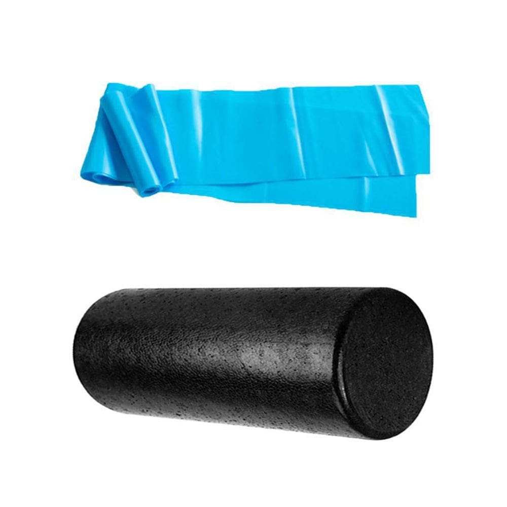 Rolo Liberação Miofascial E Faixa Elástica Azul Pilates Yoga