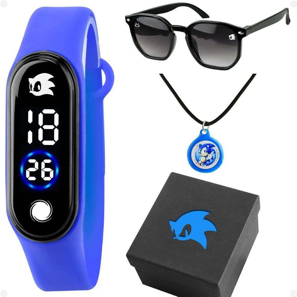 Relogio Infantil Digital Sonic + Oculos Sol + Colar + Caixa