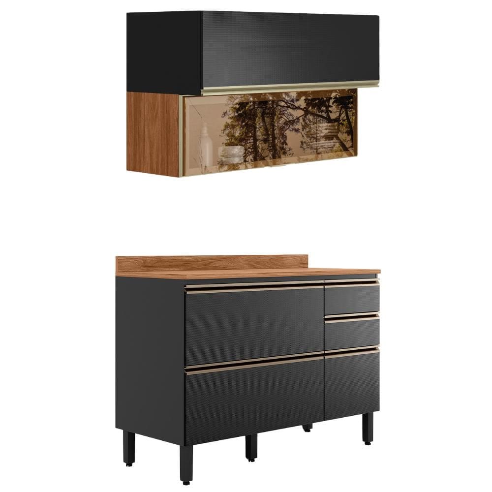 Balcao Com Tampo e Armario Aereo Vidro 120 cm Proenca Demartez