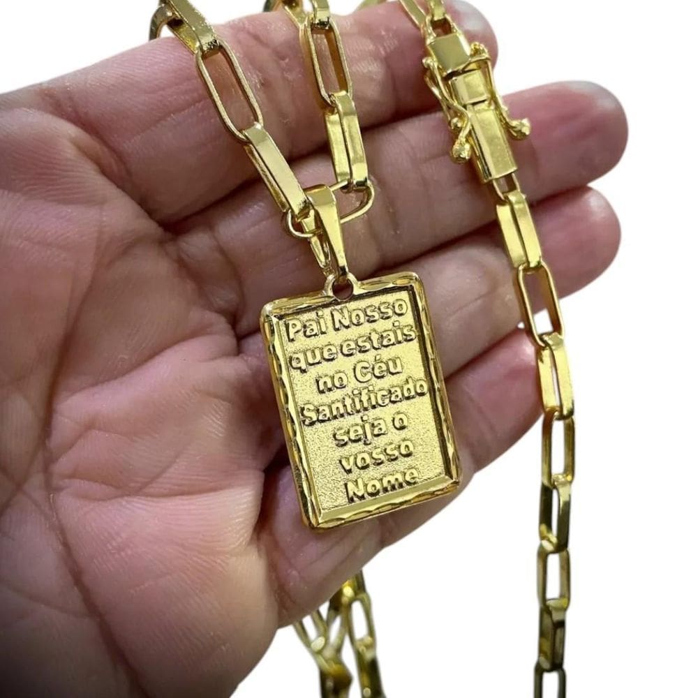 Cordão 6Mm Tijolinho + Pingente Pai Nosso - Banhado A Ouro