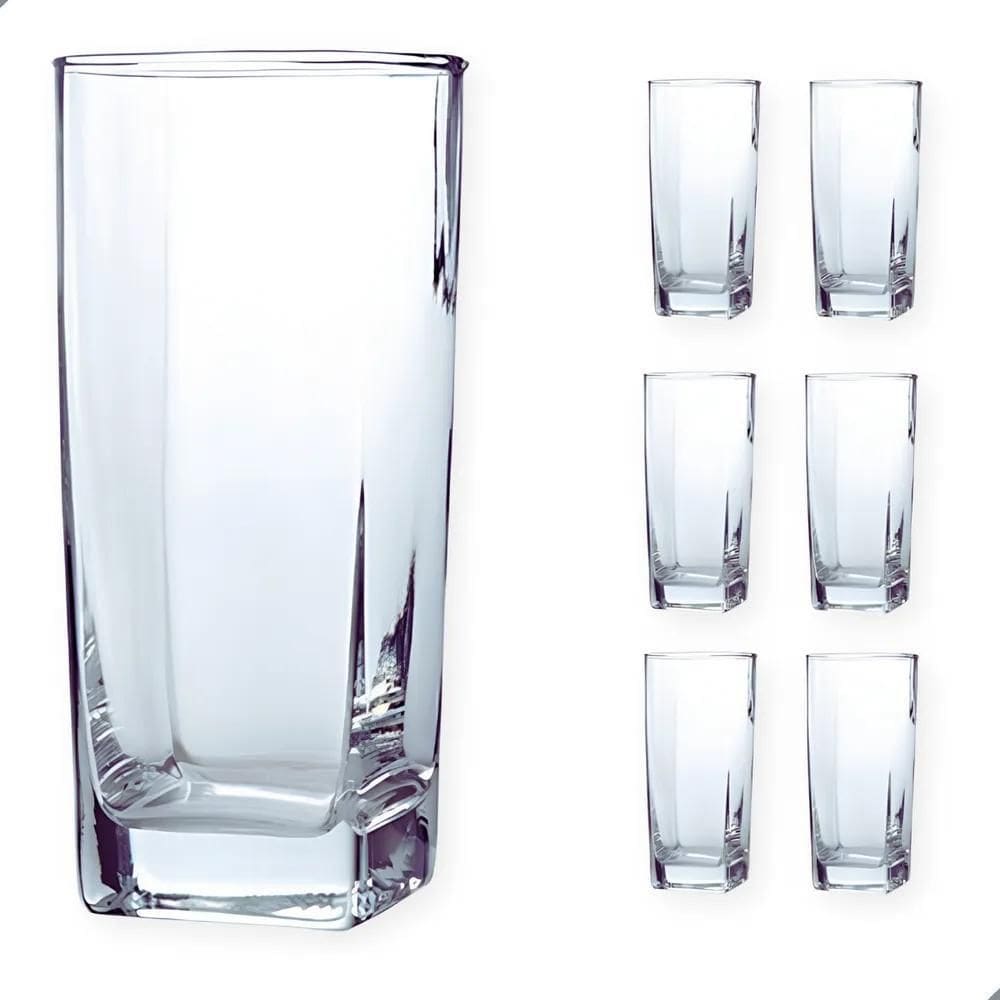 Jogo De 6 Copos De Vidro Alto 320Ml Quadrado Suco Agua Ms Va