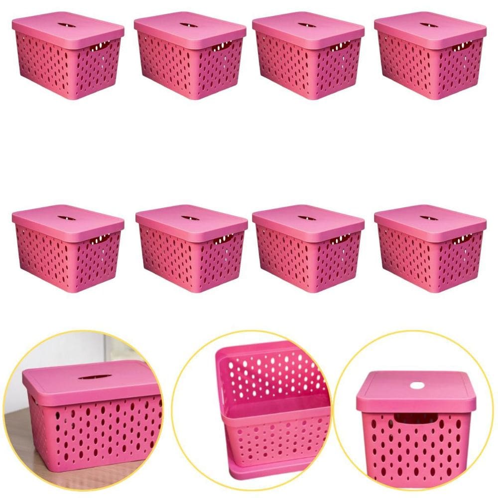 Kit 8 Caixa Cesto Organizador Multiuso Empilhável 17 L Rosa