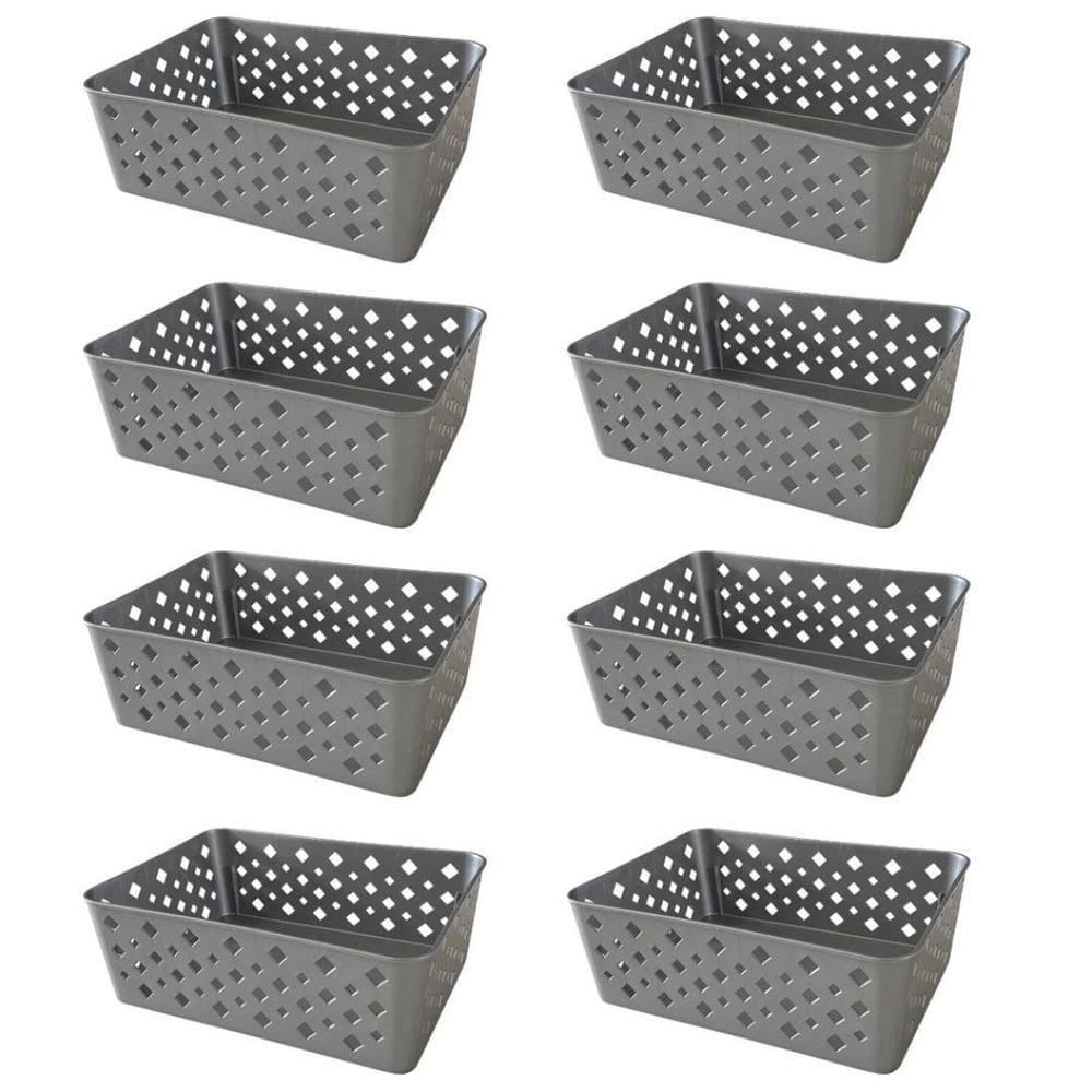 Kit 8 Cestos Organizadores Cinza Multiuso Médio Empilhável