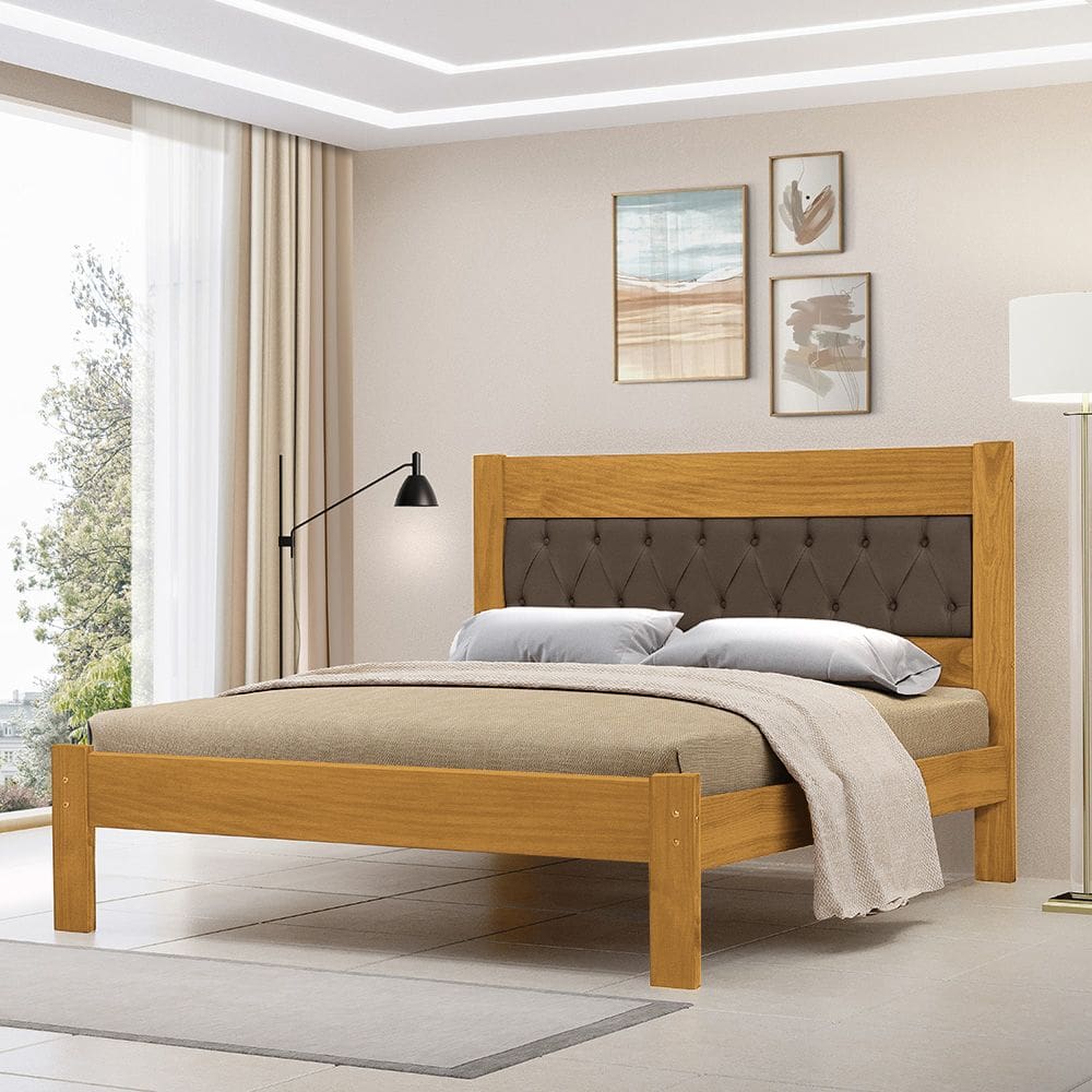 Cama de Casal Viena com Cabeceira Captonê Veludo Marrom Madeira Imbuia