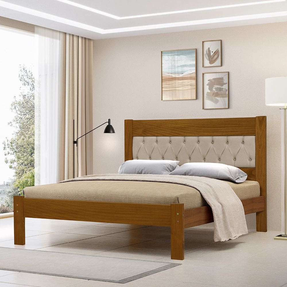 Cama de Casal de Madeira Castanho Viena com Cabeceira Estofada Veludo Bege