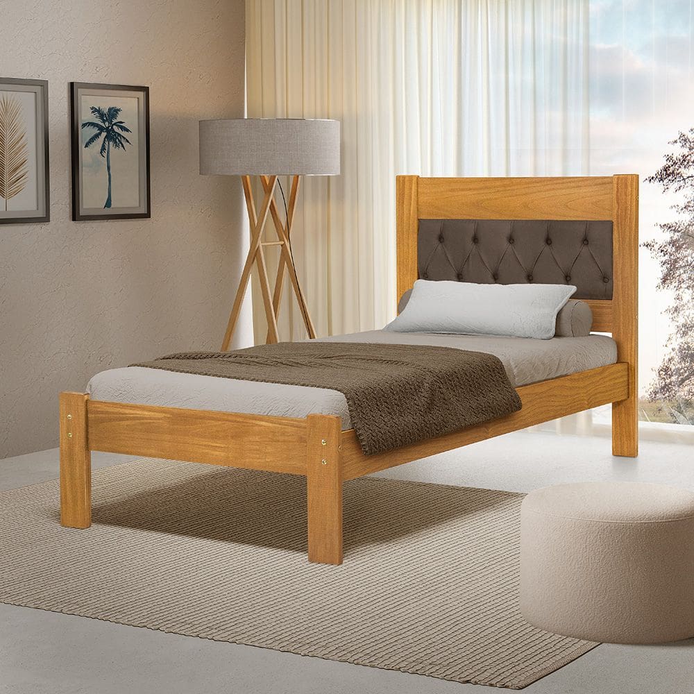 Cama de Solteiro de Madeira Imbuia Viena com Cabeceira Estofada Veludo Marrom