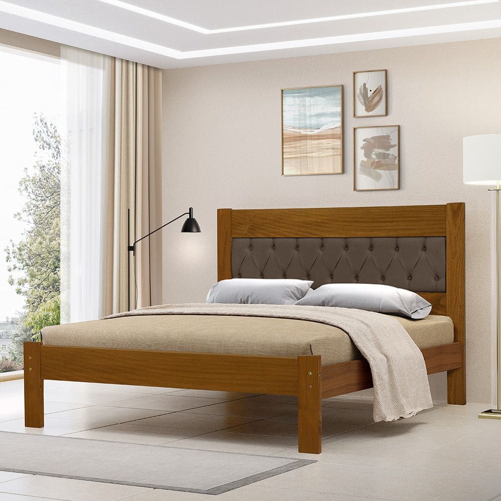Cama de Casal Viena com Cabeceira Captonê Veludo Marrom Madeira Castanho
