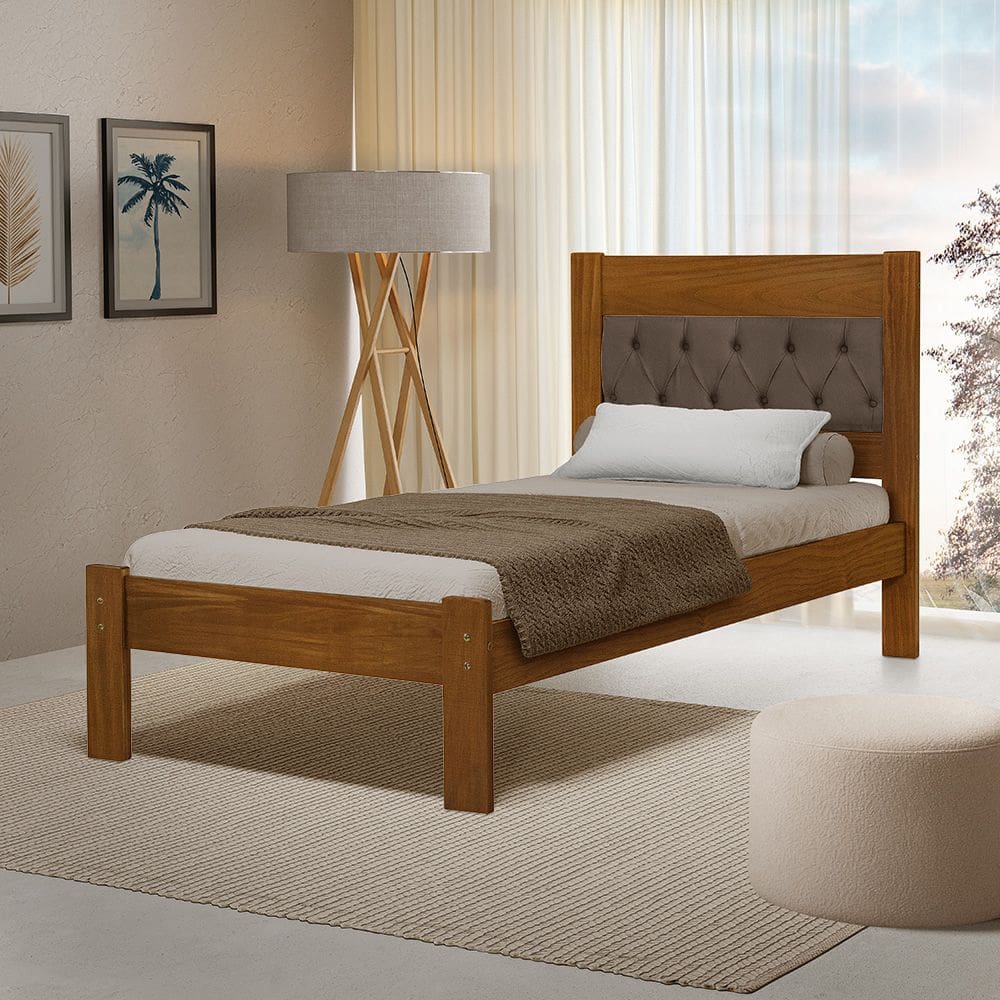 Cama de Solteiro de Madeira Castanho Viena com Cabeceira Estofada Veludo Marrom