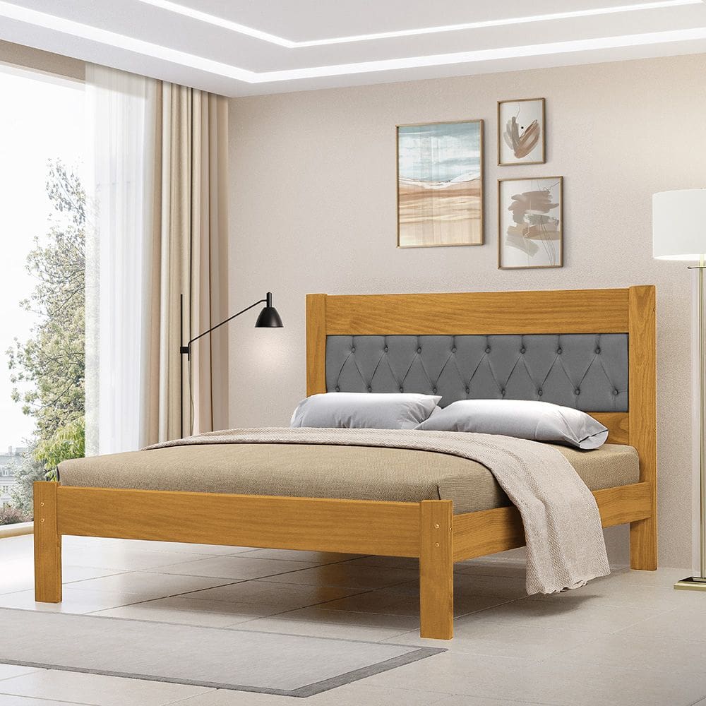 Cama de Casal de Madeira Imbuia Viena com Cabeceira Estofada Veludo Cinza