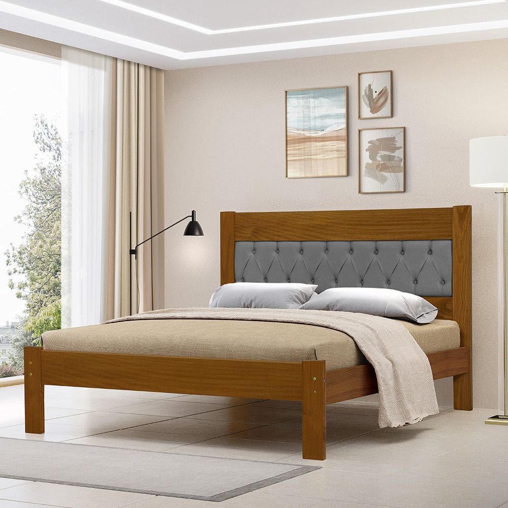 Cama de Casal Viena com Cabeceira Captonê Veludo Cinza Madeira Castanho