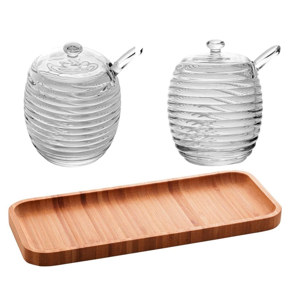 Kit Meleira E Açucareiro Colméia Cristal + Bandeja Da Bambu