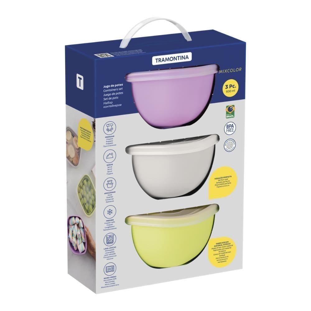 Conjunto De Potes Tramontina Mixcolor Em Polipropileno Colorido Com Tampa Transparente 600 Ml 03 Peças