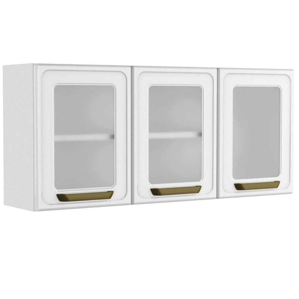 Armário Aéreo P- Cozinha Bella C- 3 Portas C- Vidro 120cm Branco - Bertolini