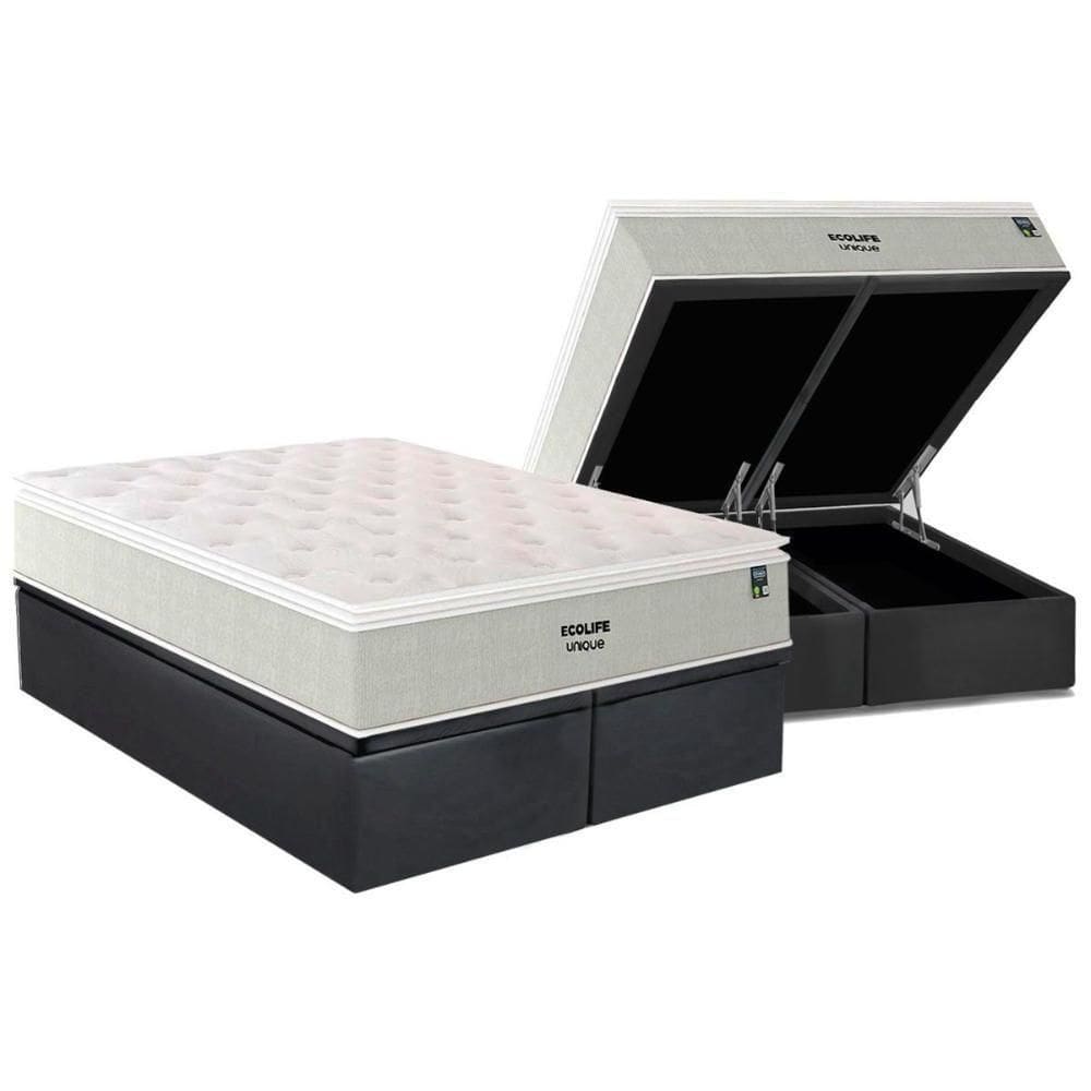 Cama Box Baú King: Colchão Molas Ensacadas Plumatex Ecolife + Base Crc Suede Gray (193x203)