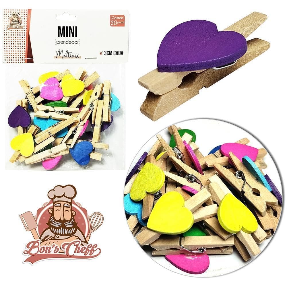 Mini Prendedor De Madeira Coracao Com 20 Pecas 3Cm