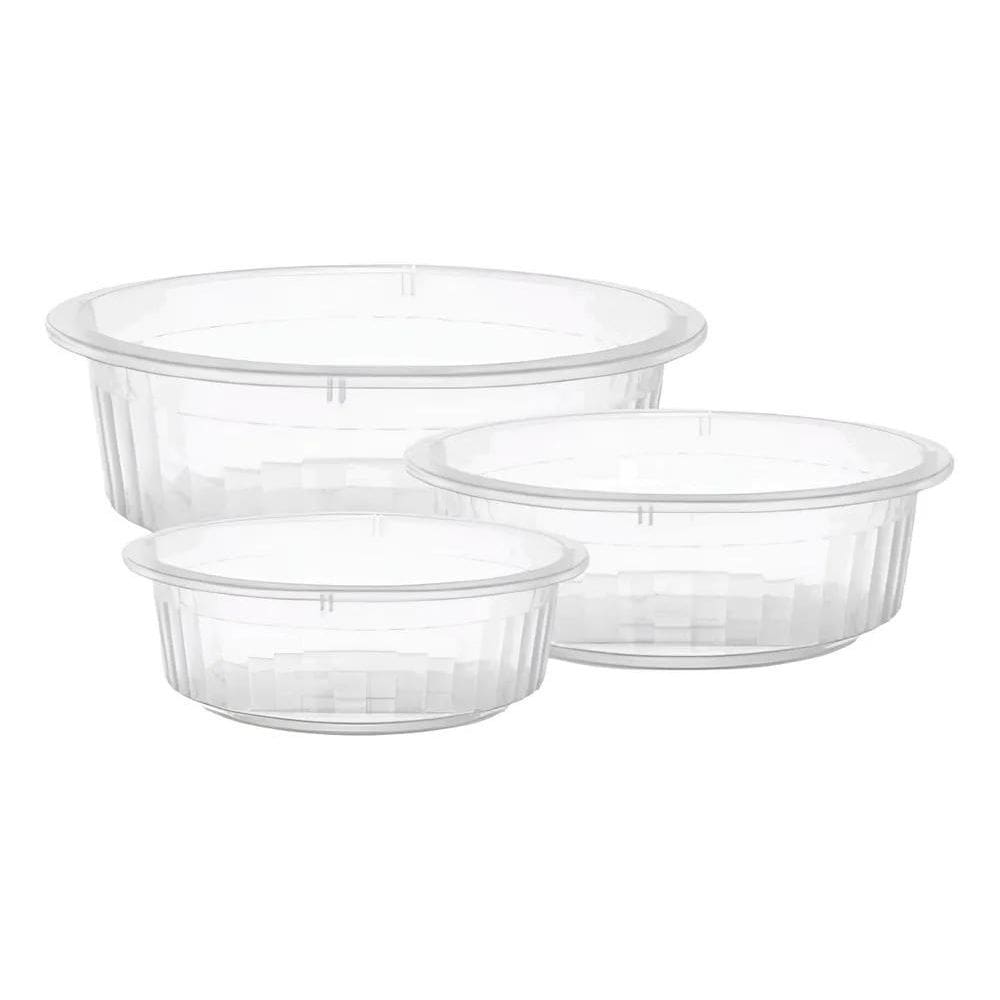 Jogo Bacias Caneladas 3 Peças Vasilhas Plástica Transparente