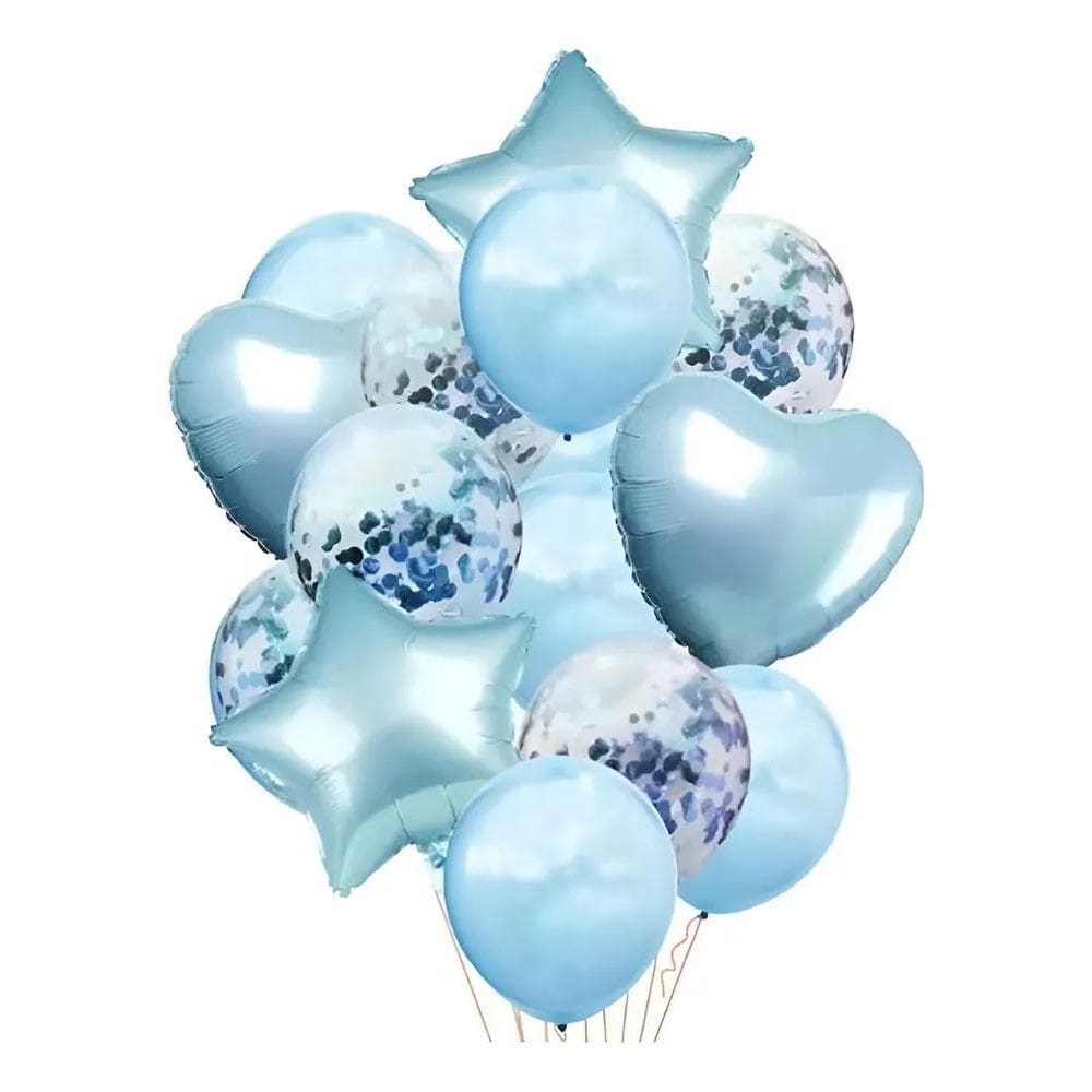 Kit Buque Balões Metalizado E Látex Kit C/14 Ba Azul-Claro